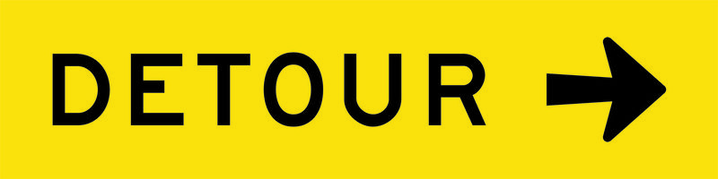 A yellow and black Detour Right Sign