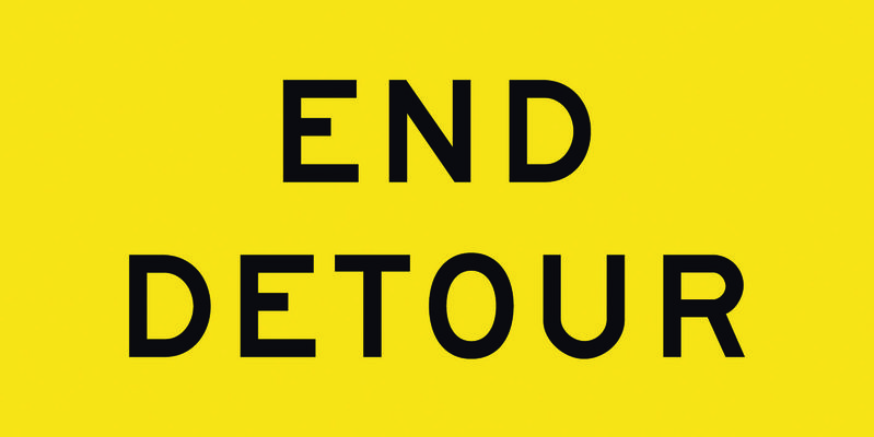 A yellow and black End Detour Sign