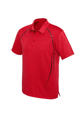 The front of a red Mens Cyber Polo shirt