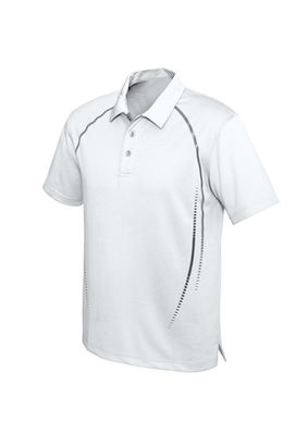 The front of a white Mens Cyber Polo shirt