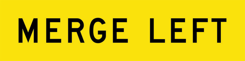 A yellow and black Merge Left Sign