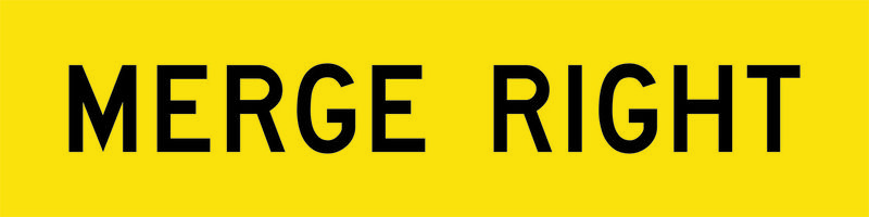 A yellow and black Merge Right Sign