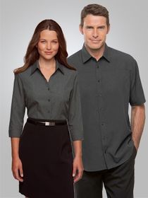 A woman and man wearing Ezylin shirts
