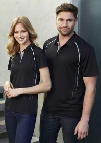 A woman and men modelling the cyber polo shirt