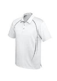 The front of a white Mens Cyber Polo shirt