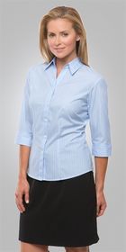 Woman wearing a light blue Shadow Stripe Ladies 3/4 Sleeve