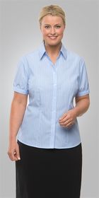 A woman wearing a Shadow Stripe shirt